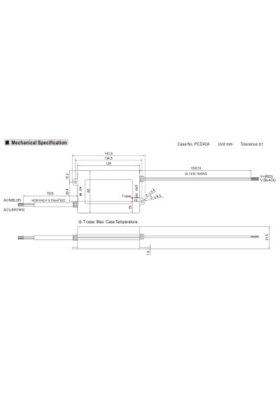 Mean Well PCD-40-350B 37.8 W 350 mA 70–108 V DC CC LED driver IP42 – dimensions