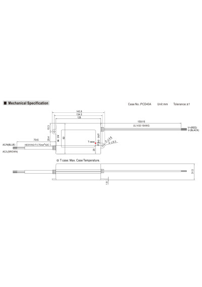 Zasilacz LED CC Mean Well PCD-60-1400B 60,2 W 1400 mA 25–43 V DC IP42 – wymiary