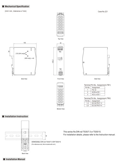 Zasilacz na szyn? DIN Mean Well EDR-75-48 76,8 W 48 V DC – wymiary