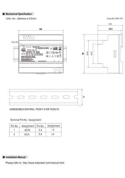 Zasilacz na szyn? DIN Mean Well HDR-150-12 135,6 W 12 V DC – wymiary