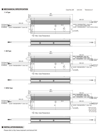 Zasilacz LED CC Mean Well HLG-320H-C1400DA 320,6 W 1400 mA – wymiary