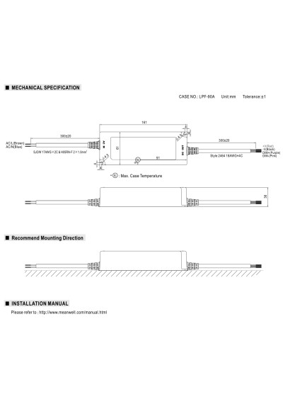 Mean Well LPF-90D-30 90 W CV+CC LED driver – dimensions