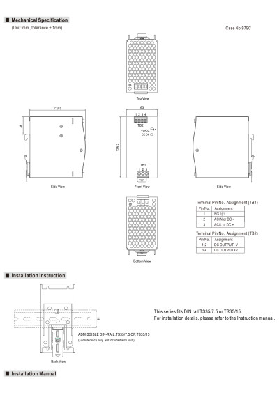 Zasilacz na szyn? DIN Mean Well NDR-240-24 240 W 24 V DC – wymiary