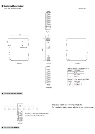 Zasilacz na szyn? DIN Mean Well NDR-75-12 75,6 W 12 V DC – wymiary