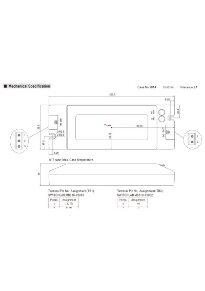 Mean Well PLC-100-20 96 W CV+CC LED driver – dimensions