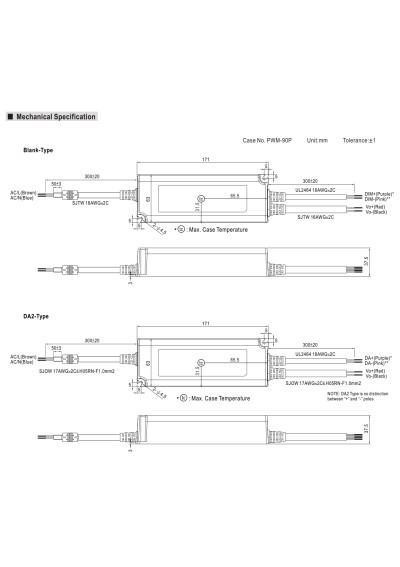 Zasilacz LED CV PWM Mean Well PWM-90-36 90 W 36 V DC – wymiary