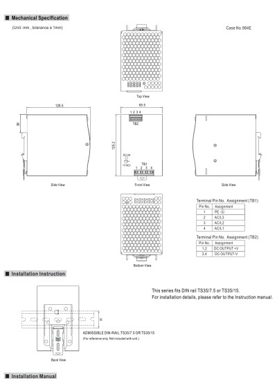 Zasilacz na szyn? DIN Mean Well TDR-480-24 480 W 24 V DC – wymiary