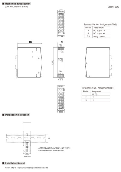 Zasilacz na szyn? DIN Mean Well WDR-60-5 50 W 5 V DC – wymiary