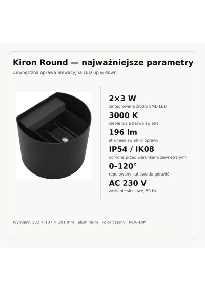 Kiron Round – 2×3 W, 3000 K, IP54 and IK08 specification board