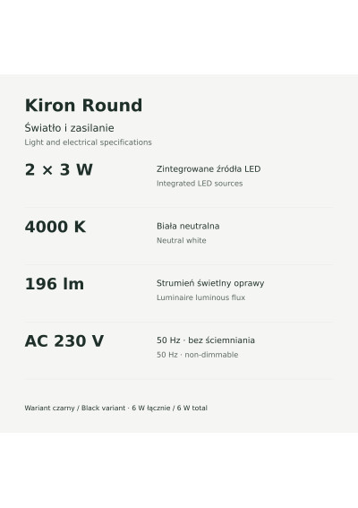 Kiron Round czarny – parametry światła i zasilania: 2×3 W, 4000 K, 196 lm, AC 230 V