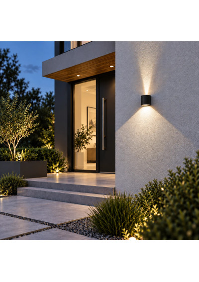 Kiron Round wall light by entrance steps – facade and approach lighting