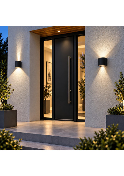 Two Kiron Round wall lights beside an entrance door – different beam settings