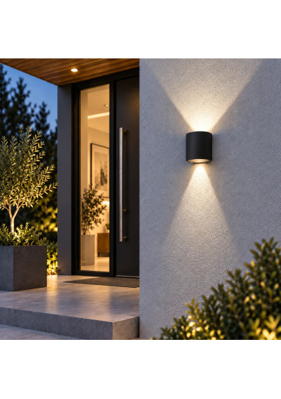 Kiron Round wall light by an entrance – asymmetric up-and-down light distribution
