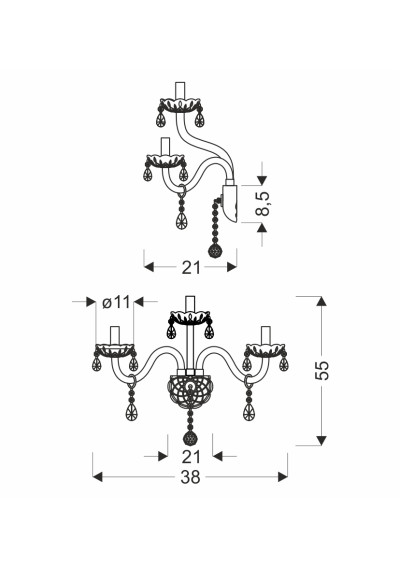 Lampa ścienna E14 3xE14 transparentny 38 cm - wymiary produktu