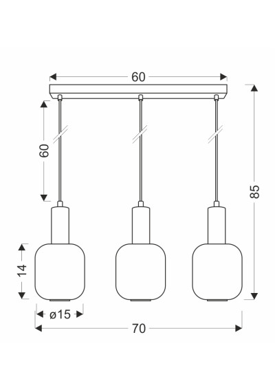 Linox pendant light 3xE27 black 70 cm - product dimensions