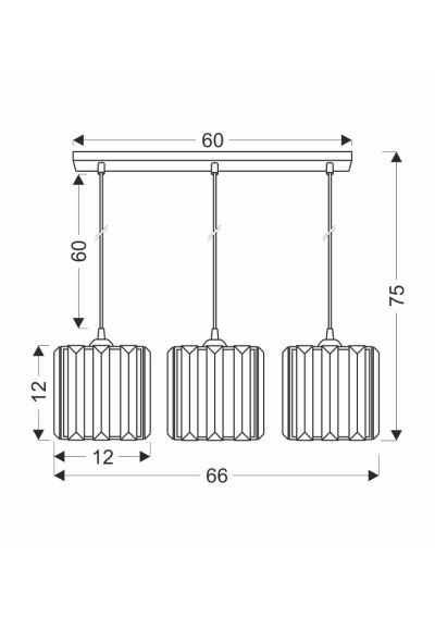 Lampa wisząca Glassia 3xE27 czarny, kryształki bezbarwne 66 cm - wymiary produktu