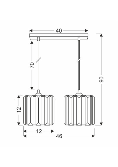 Lampa wisząca Glassia 2xE27 czarny, kryształki bezbarwne 46 cm - wymiary produktu