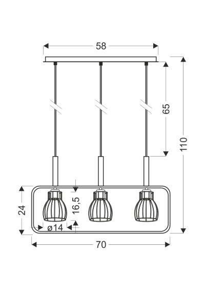 E27 pendant light 3xE27 black 70 cm - product dimensions