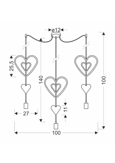 Lampa wisząca E27 3xE27 czarny 100 cm - wymiary produktu