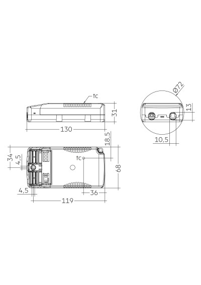 Dimensional drawing LCA 44W 700-1050mA flexC PH-C SR ADV
