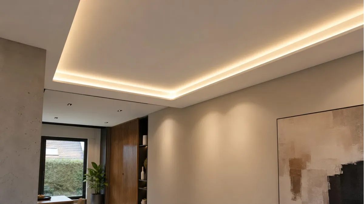 Modern interior with an illuminated ceiling cove and warm light from an LED strip installed in an aluminum profile.